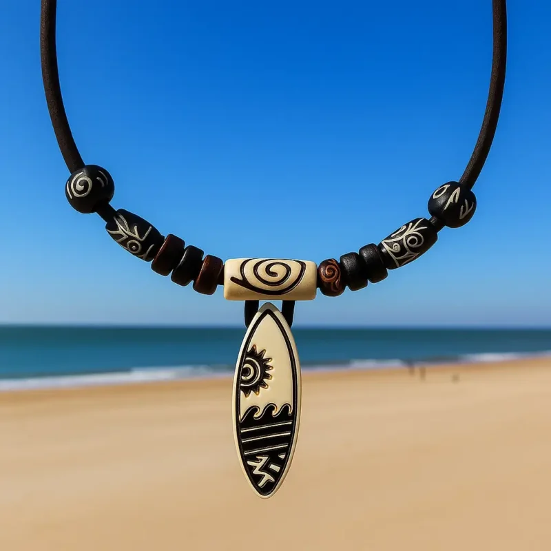 Collar Doble Cuero Surf - Colgante de hueso tallado - para Mujeres y Hombres.