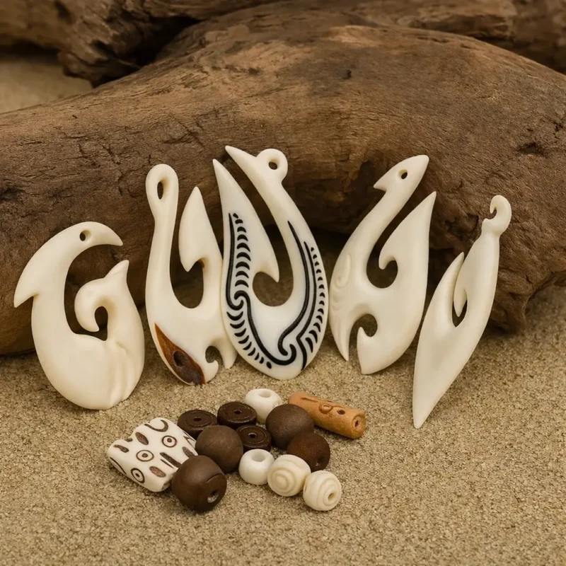 Collar Maori Hei Matau de hueso tallado, símbolo de protección y conexión con el océano.