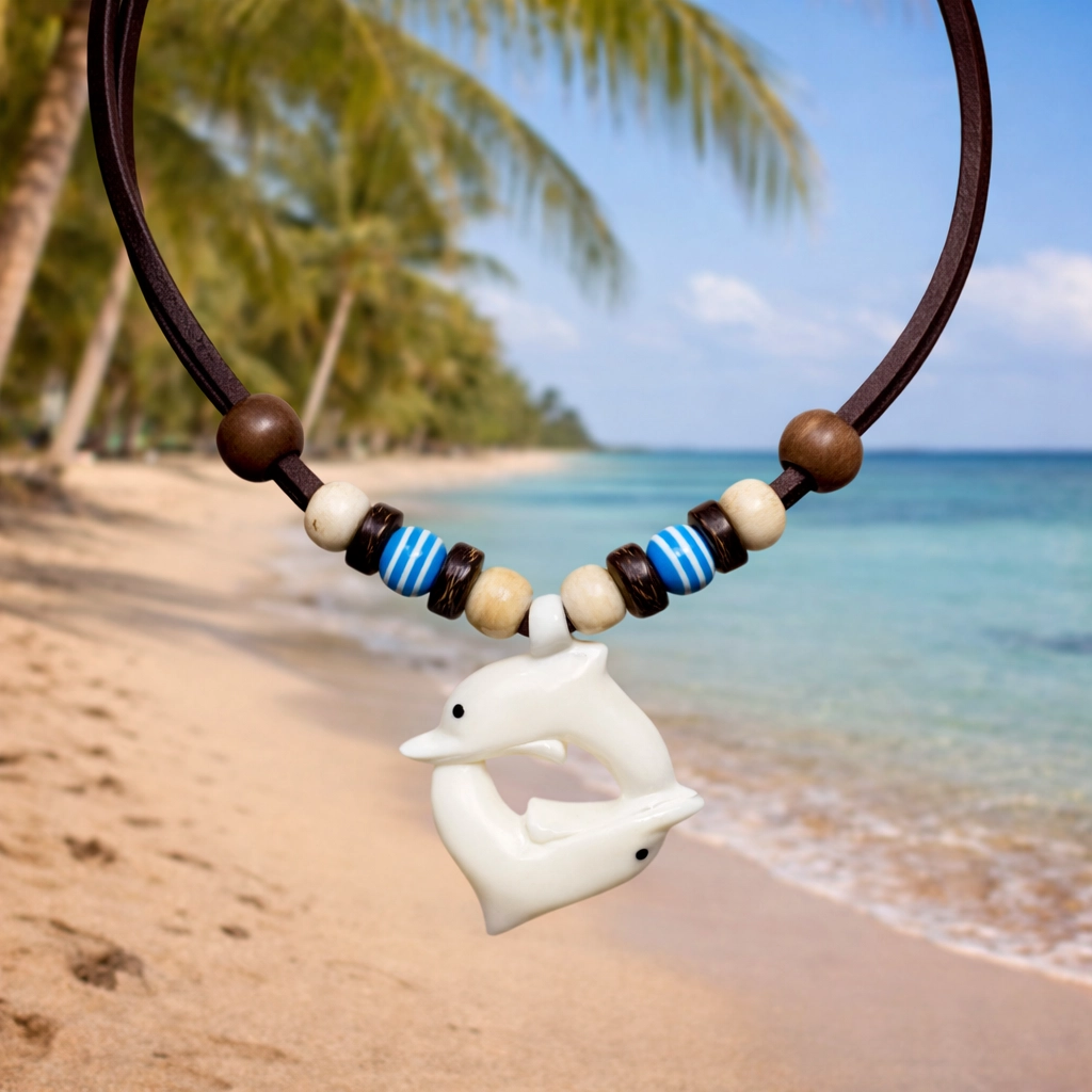 Collar surfista de cuero con colgante de delfín blanco y cuentas azules inspirado en el mar