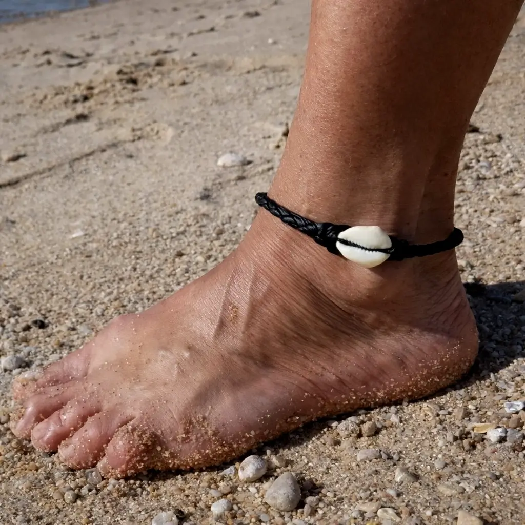 Tobillera de cuero con concha marina estilo surfista en la playa